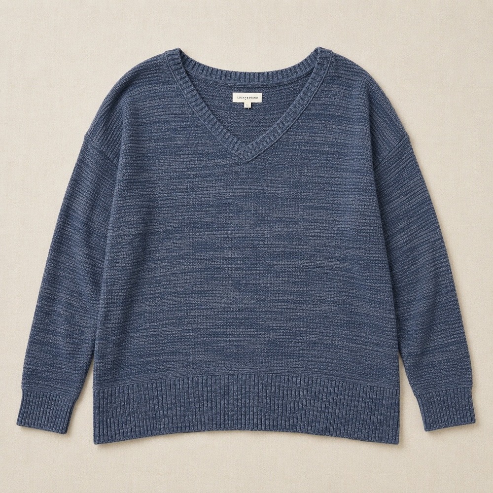 Lucky Brand Women 2X Blue Thermal Waffle Knit V-Neck Sweater Cotton Blend 0284